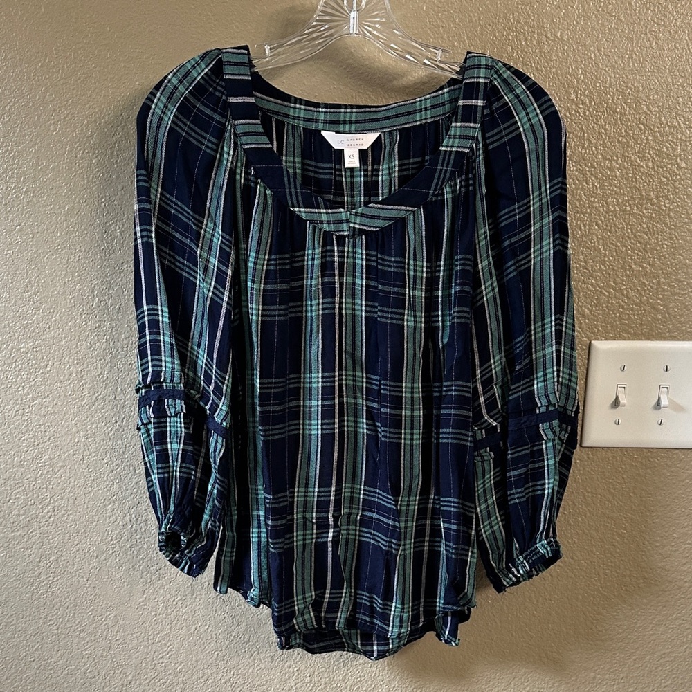 LC Lauren Conrad Blue and Green Checkered Blouse